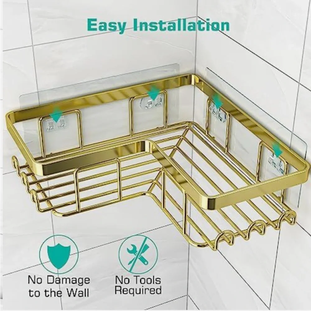 Corner Shower Caddy, 3-Pack Adhesive Bathroom Caddy with Soap Holder & 12 Hooks